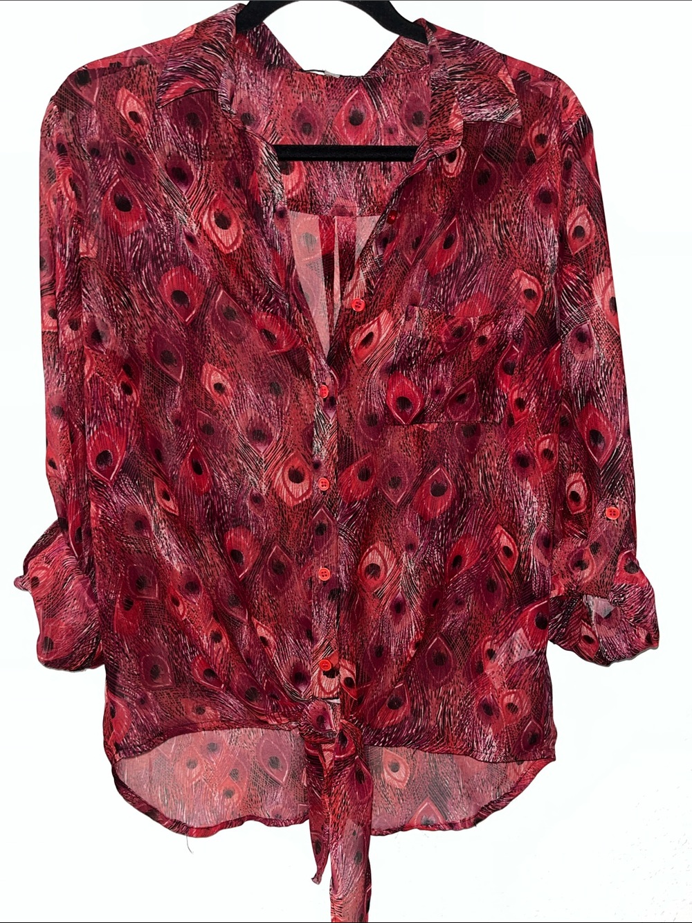 Kut from the Kloth Red Peacock-Print Button-Front Tie Hem Blouse
Sz M